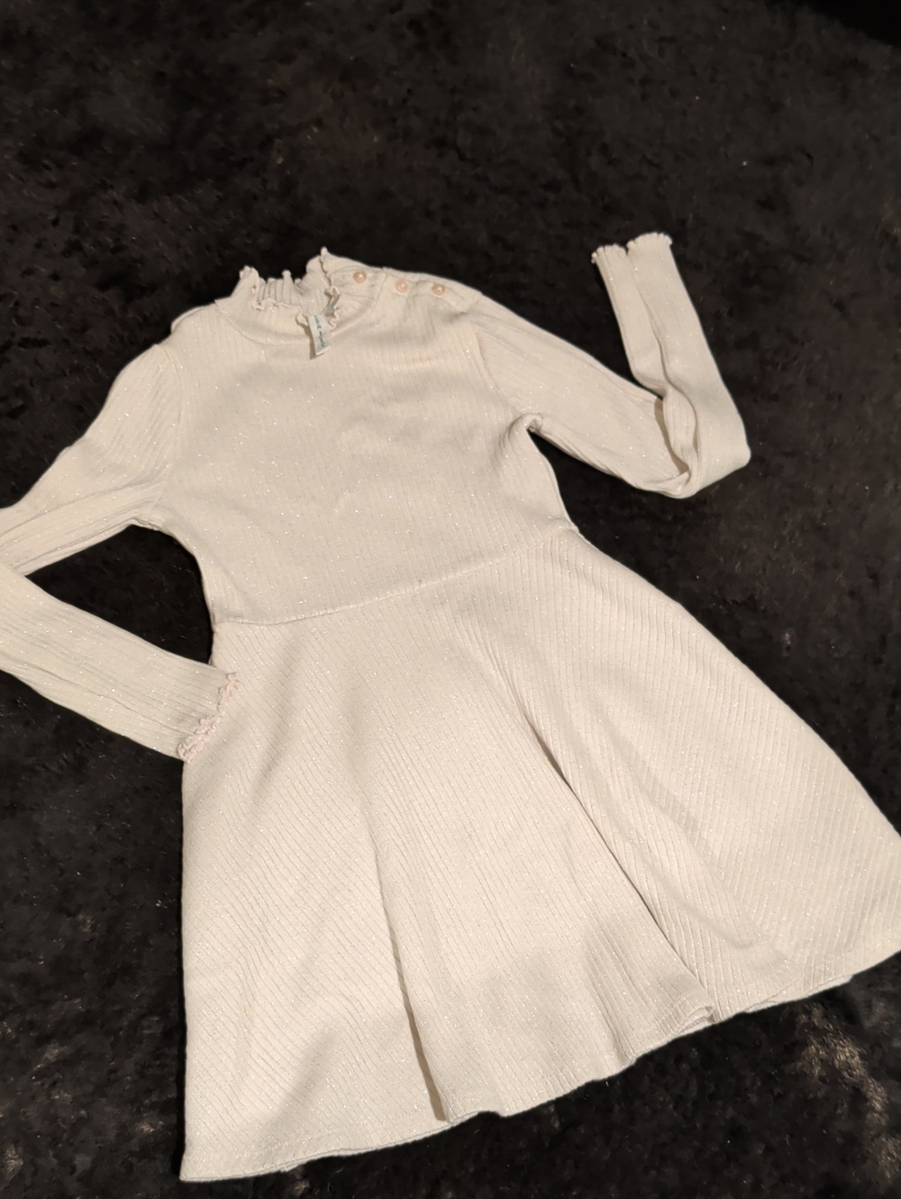 Janie and Jack Cream Ribbed Knit Skater Dress with Ruffle Neck